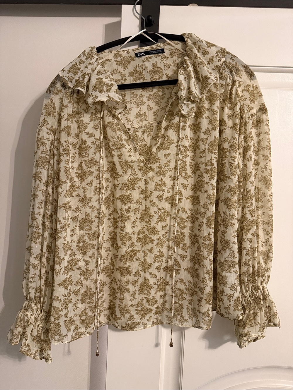 Zara Cream Blouse with Olive Floral Print and Tie Neck